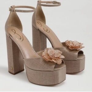 San Edelman Beige Platform Heels with Floral Accent
